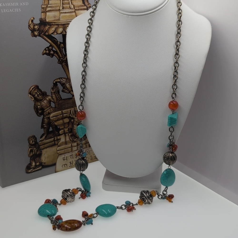 Chico's Turquoise acrylic bead, glass bead, silvertone filagree Beaded Necklace